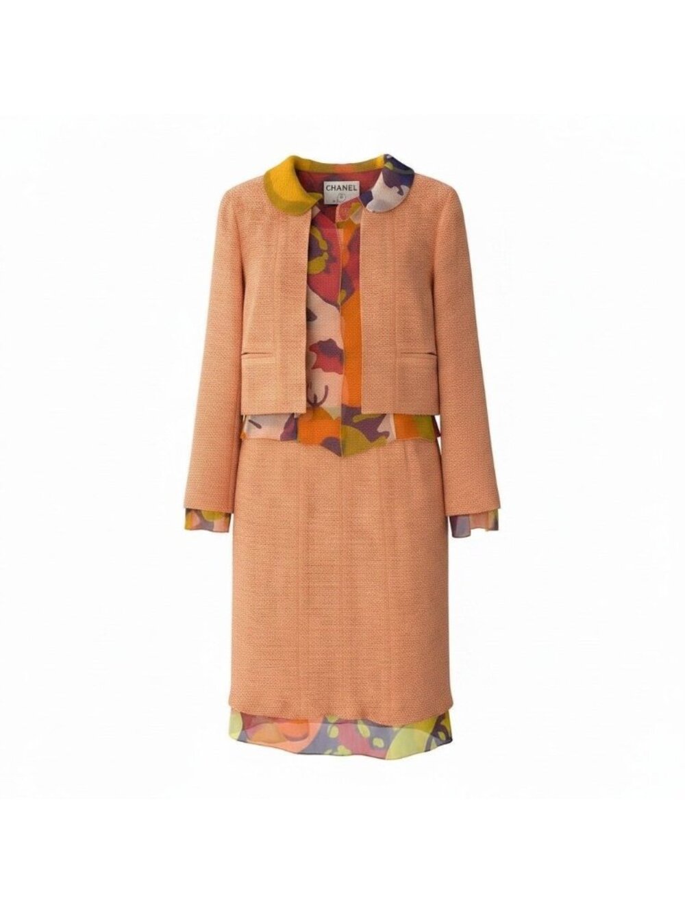 Chanel E8 Set Tweed Jacket No Top Skirt Orange Multicolor